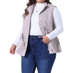 Plus Size Utility Sleeveless Anorak Cargo Drawstring Vest Light Gray